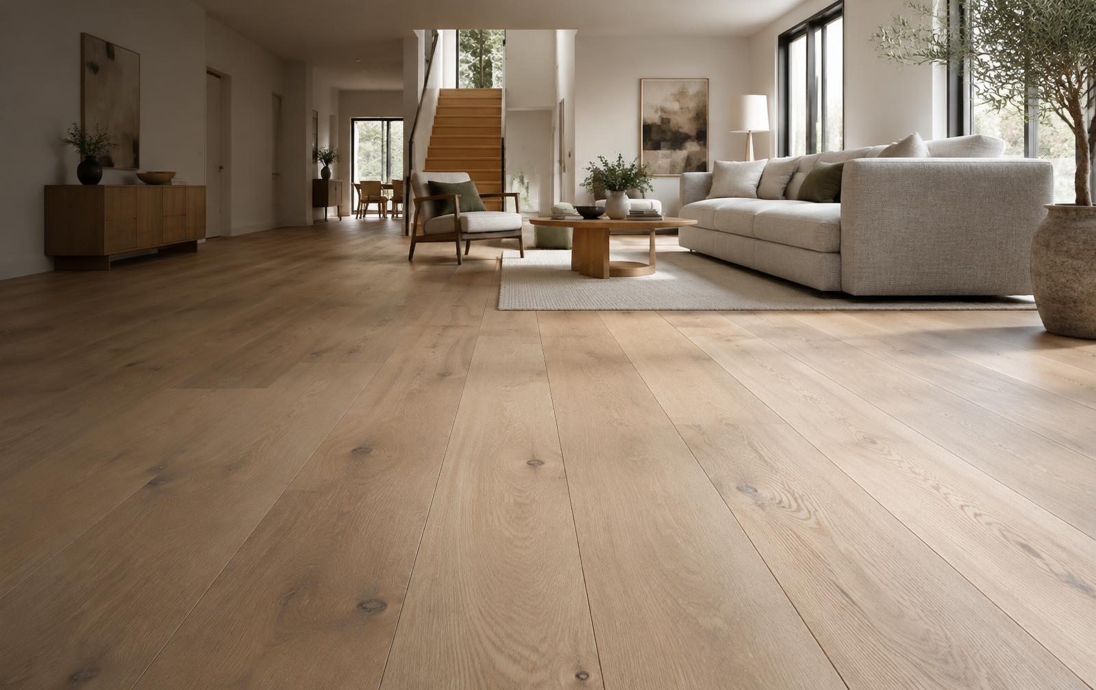 Illustrative modern living room with natural oak flooring