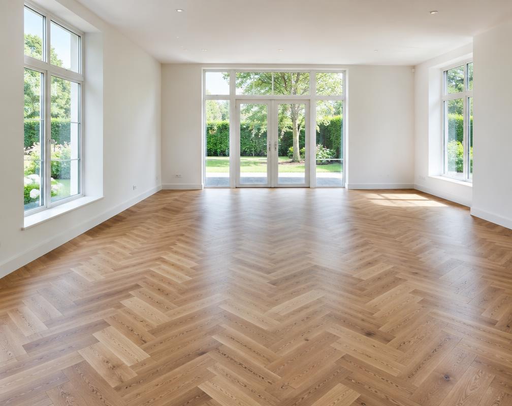 Illustrative oak herringbone flooring in a bright room